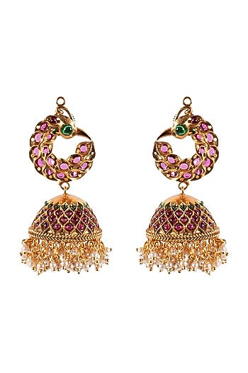 Antique Gold Finish Hydro Emeralds Jhumka Earrings