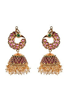 Antique Gold Finish Hydro Emeralds Jhumka Earrings