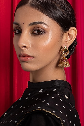 Antique Gold Finish Hydro Emeralds Jhumka Earrings