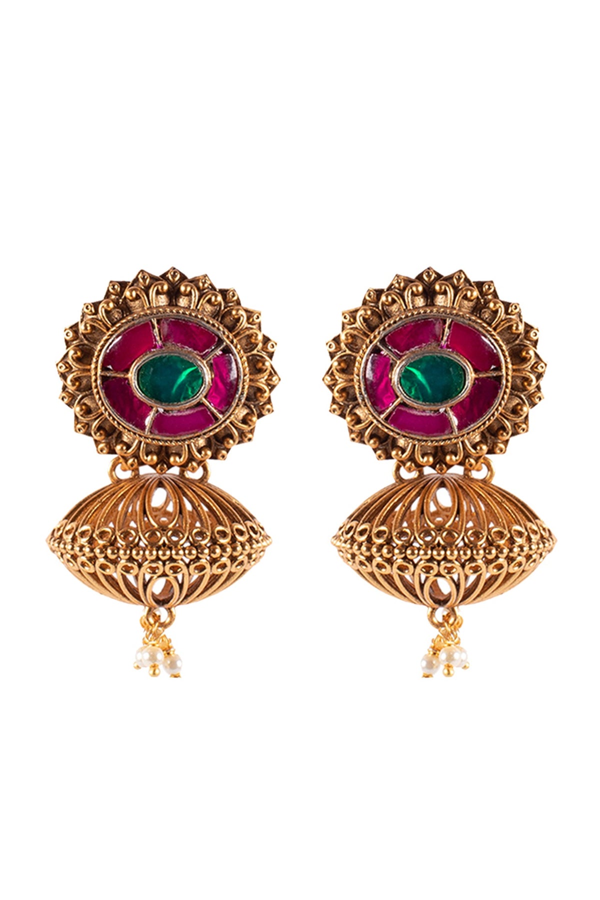 Antique Gold Finish Hydro Ruby & Hydro Emeralds Earrings
