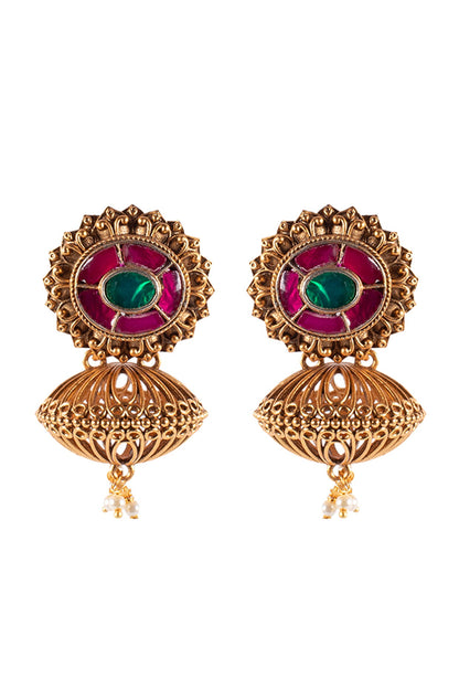 Antique Gold Finish Hydro Ruby & Hydro Emeralds Earrings
