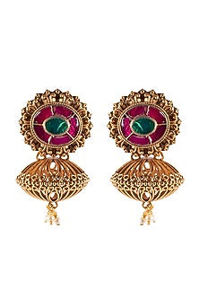 Antique Gold Finish Hydro Ruby & Hydro Emeralds Earrings