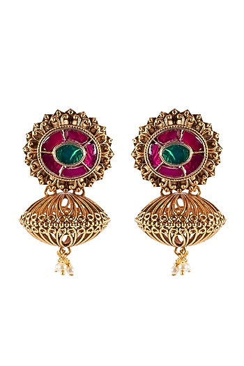 Antique Gold Finish Hydro Ruby & Hydro Emeralds Earrings