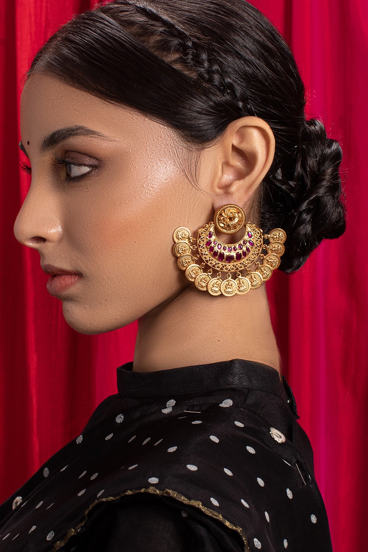 Antique Gold Finish Red Hydro Ruby Chandbali Earrings