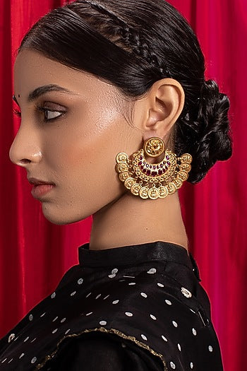 Antique Gold Finish Red Hydro Ruby Chandbali Earrings