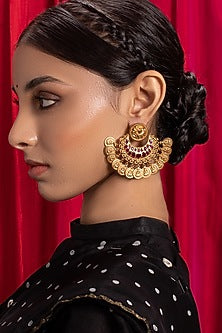 Antique Gold Finish Red Hydro Ruby Chandbali Earrings