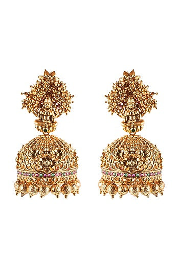 Antique Gold Finish Red & Green Jhumka Earrings