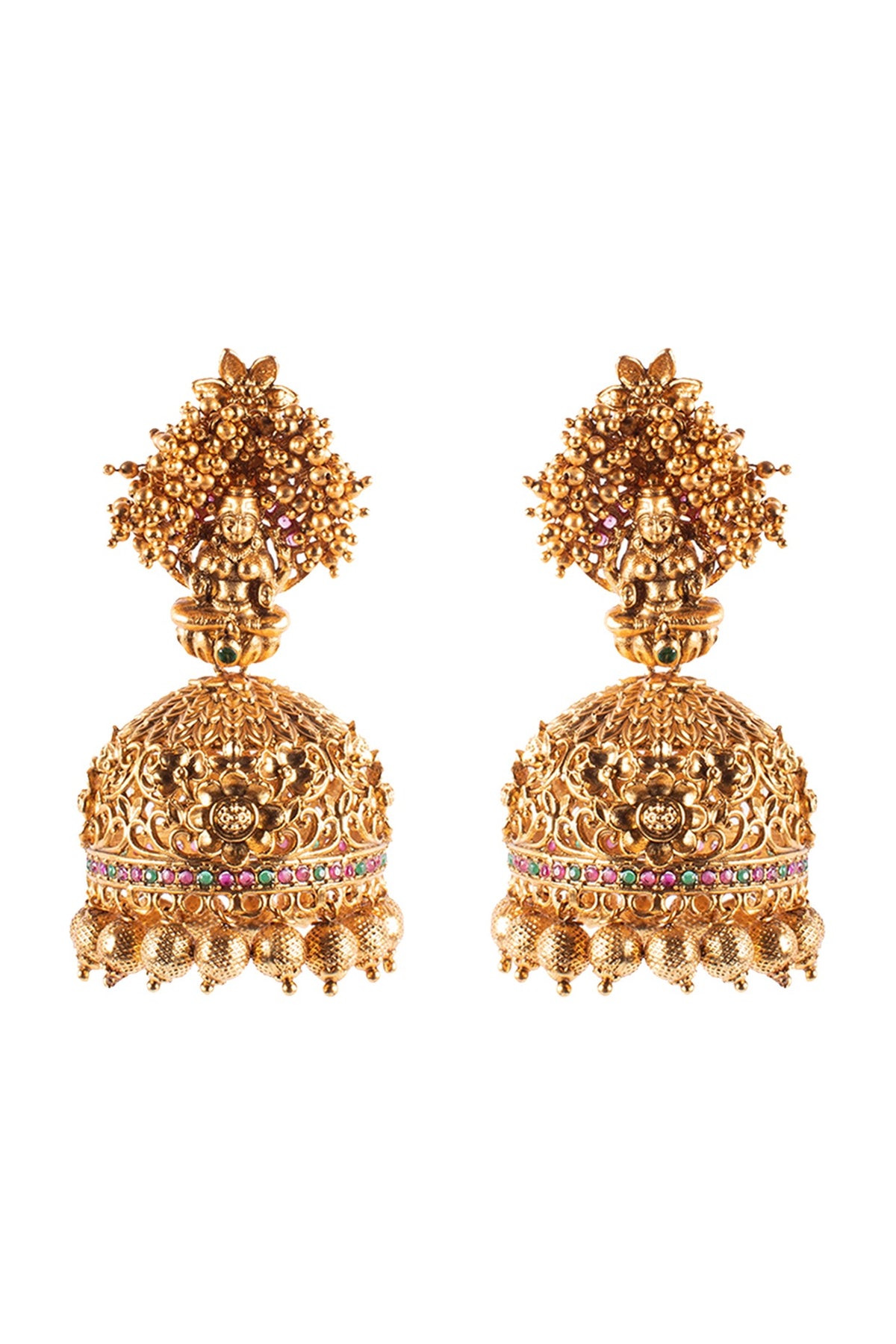 Antique Gold Finish Red & Green Jhumka Earrings