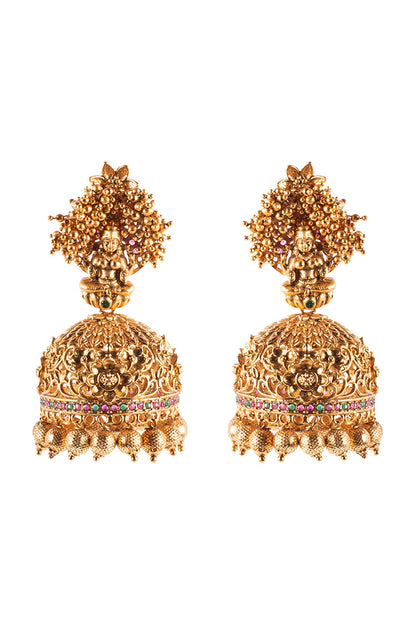 Antique Gold Finish Red & Green Jhumka Earrings