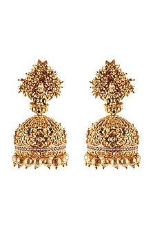 Antique Gold Finish Red & Green Jhumka Earrings