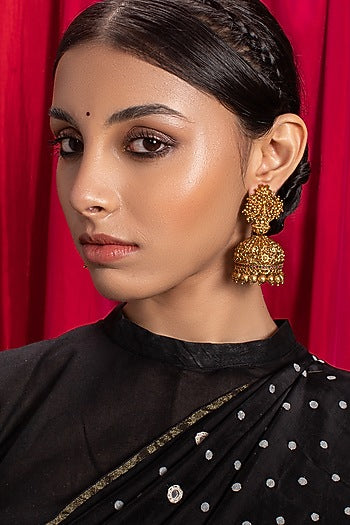 Antique Gold Finish Red & Green Jhumka Earrings