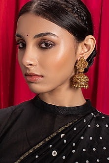 Antique Gold Finish Red & Green Jhumka Earrings