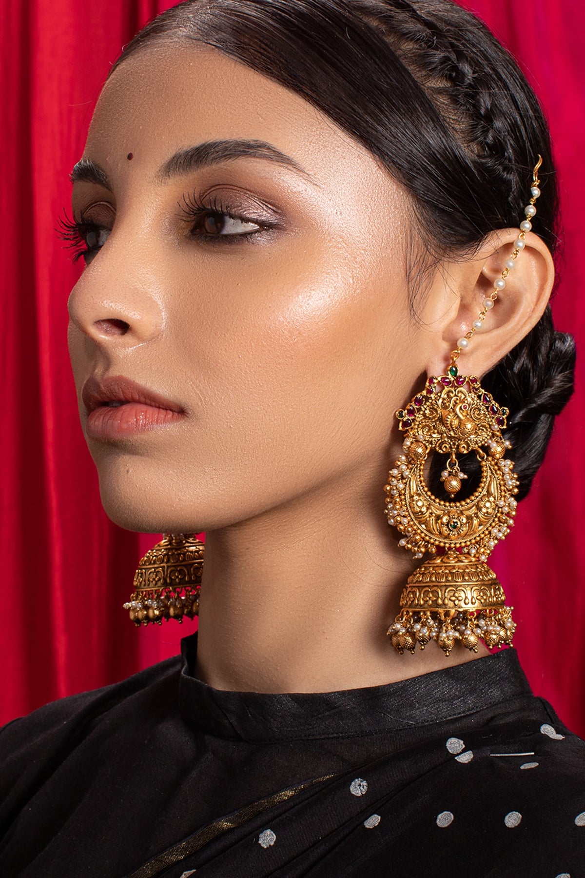 Antique Gold Finish Chandbali Earrings In Brass