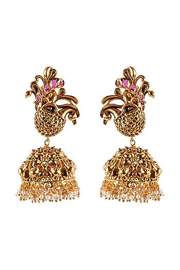 Antique Gold Finish Hydro Emerald & Ruby Jhumka Earrings