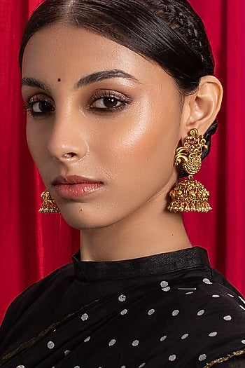 Antique Gold Finish Hydro Emerald & Ruby Jhumka Earrings