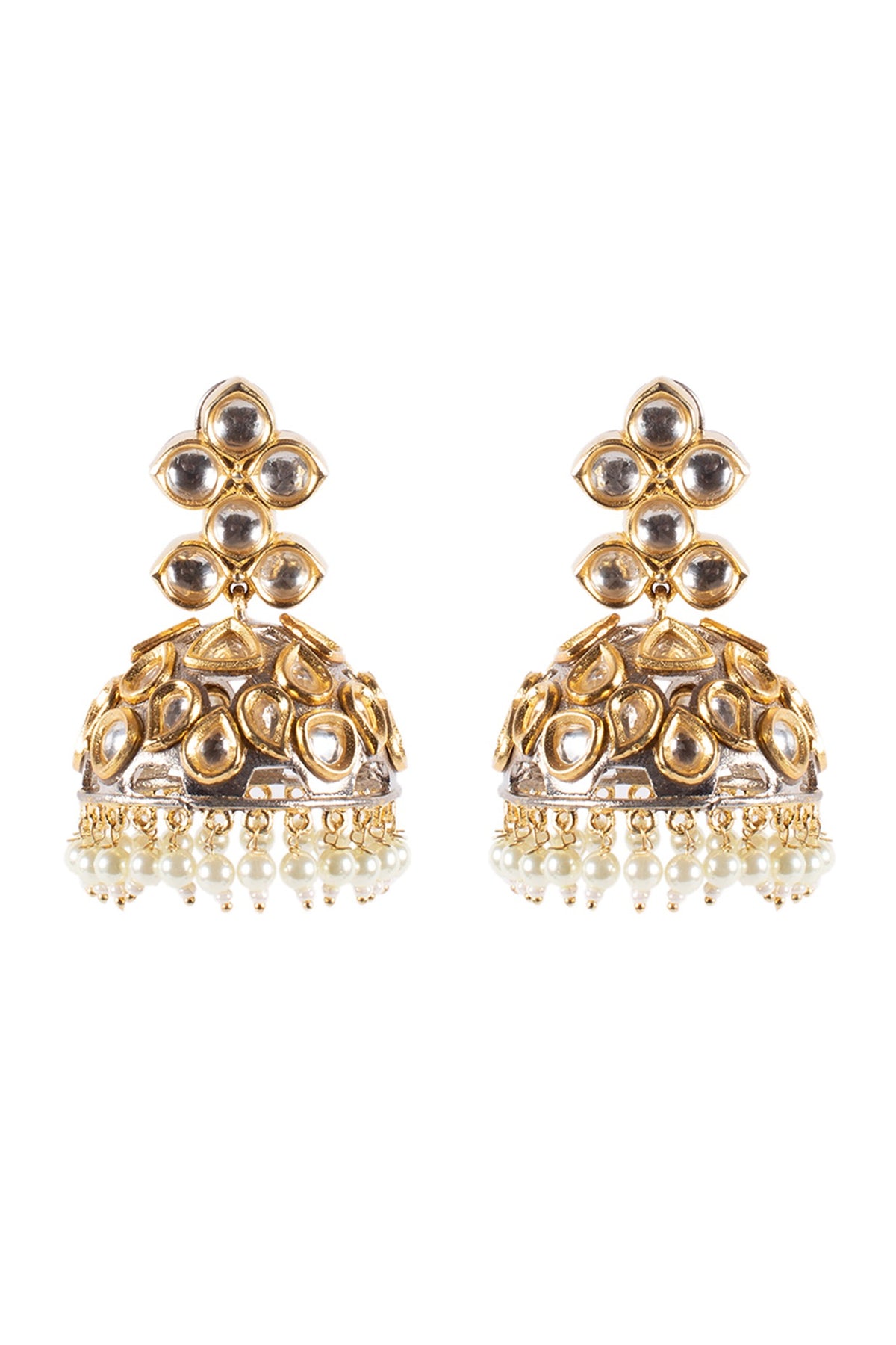 Antique Gold Finish Kundan Polki Jhumka Earrings