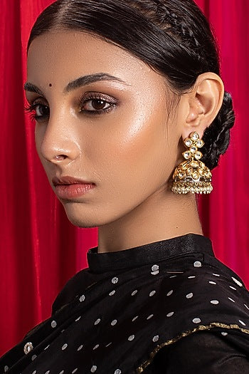 Antique Gold Finish Kundan Polki Jhumka Earrings