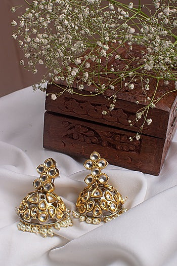 Antique Gold Finish Kundan Polki Jhumka Earrings