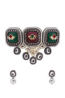 Gold Finish Kundan Polki Grey Necklace Set