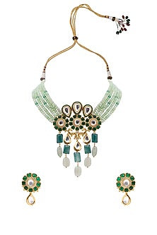 Gold Finish Kundan Polki Green Necklace Set