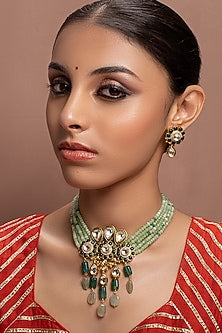 Gold Finish Kundan Polki Green Necklace Set