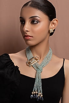 Gold Finish Blue Agate Beaded Meenakari Necklace Set