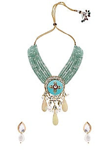 Gold Finish Green Agate Beaded Necklace Set