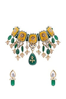 Gold Finish Meenakari Necklace Set With Jade Drops