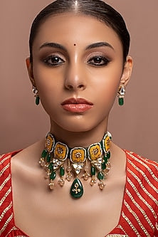 Gold Finish Meenakari Necklace Set With Jade Drops