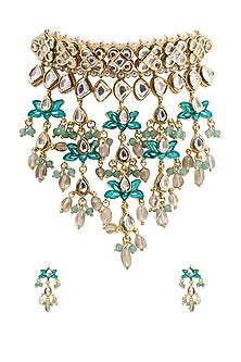 Gold Finish Kundan Polki Meenakari Necklace Set