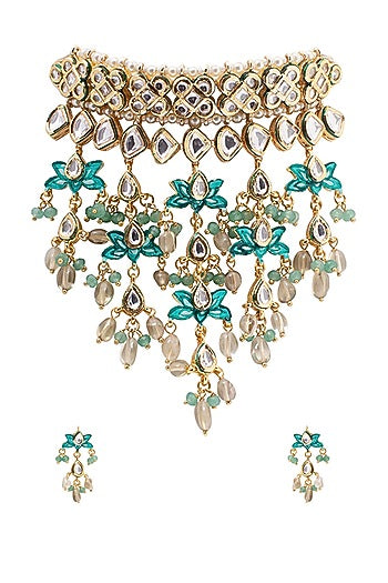 Gold Finish Kundan Polki Meenakari Necklace Set