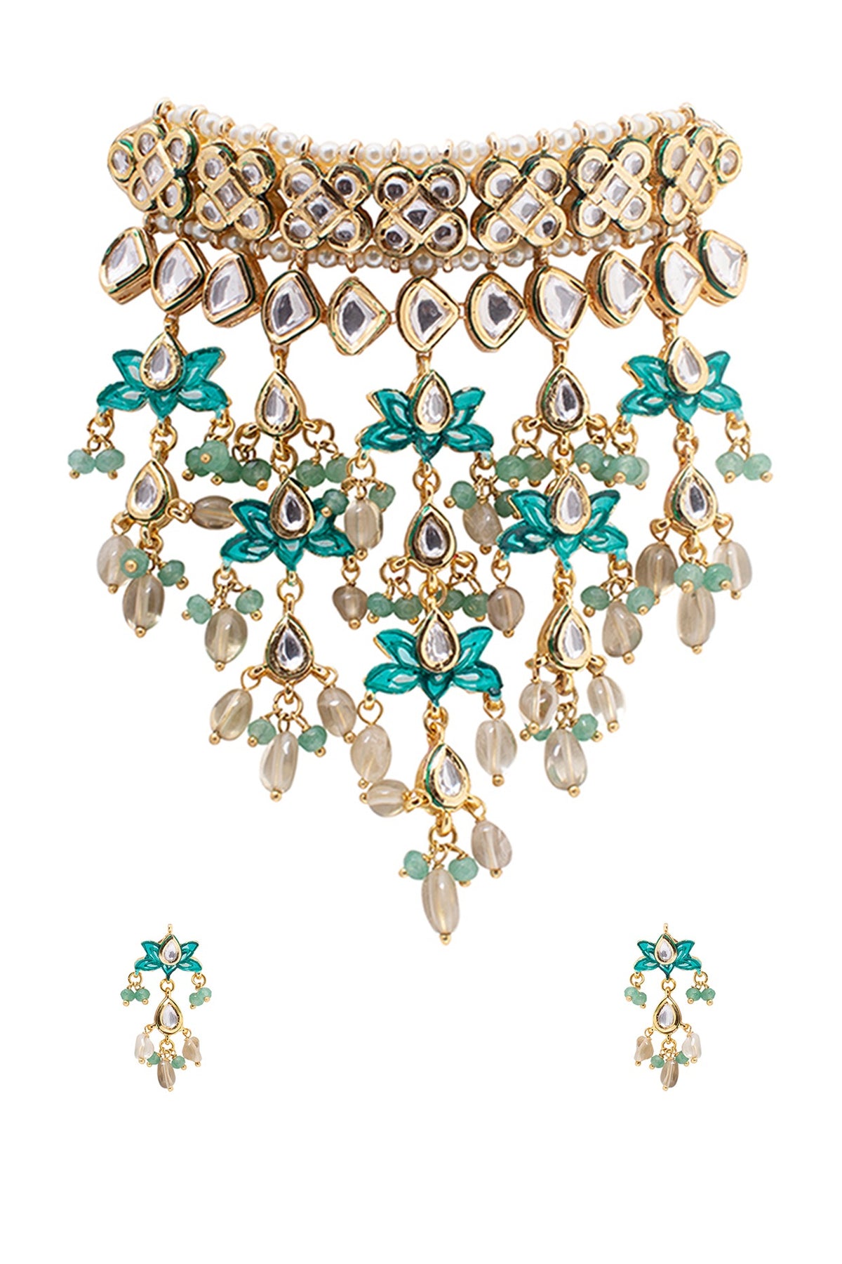 Gold Finish Kundan Polki Meenakari Necklace Set
