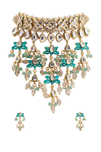 Gold Finish Kundan Polki Meenakari Necklace Set