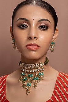 Gold Finish Kundan Polki Meenakari Necklace Set