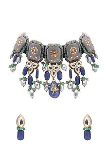 Gold Finish Pearl & Jade Drop Necklace Set