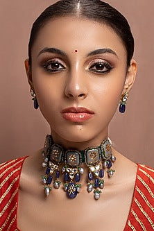 Gold Finish Pearl & Jade Drop Necklace Set