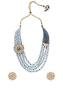 Gold Finish Blue Agate Beaded Necklace Set
