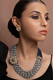Gold Finish Blue Agate Beaded Necklace Set