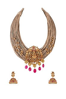 Gold Finish Beaded Laxmi Pendant Necklace Set