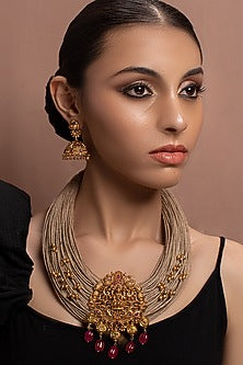 Gold Finish Beaded Laxmi Pendant Necklace Set