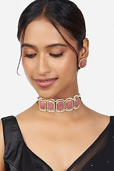 Gold Finish Pink Hydro Stone Necklace Set