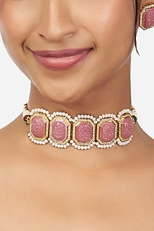 Gold Finish Pink Hydro Stone Necklace Set