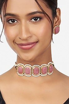 Gold Finish Pink Hydro Stone Necklace Set