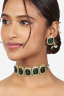 Gold Finish Carved Hydro Stone Necklace Set