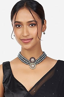 Gold Finish Kundan Polki Beaded Necklace Set