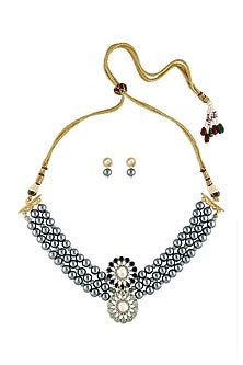 Gold Finish Kundan Polki Beaded Necklace Set