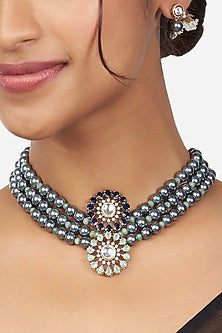 Gold Finish Kundan Polki Beaded Necklace Set