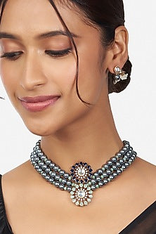 Gold Finish Kundan Polki Beaded Necklace Set