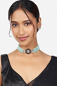 Gold Finish Choker Necklace Set With Beads