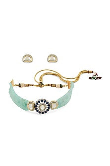 Gold Finish Choker Necklace Set With Beads